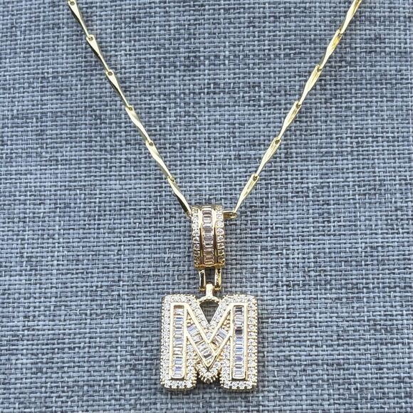 Letter "M" Iced Out Initial Pendant Gold Plated Necklace w/ CZ Rhinestones - Picture 2 of 6